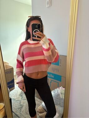 SHEIN Pink & Cream Striped Cropped Crewneck Sweater